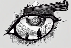 In the reflection of a eye two black siloets of people holding guns one man dead on the ground with a wounded woman standing behind him tattoo idea