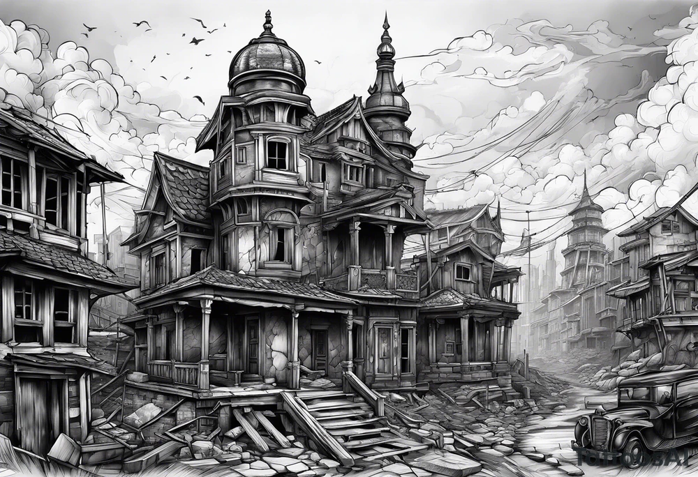 destroyed city made by lines tattoo idea