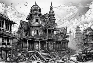 destroyed city made by lines tattoo idea