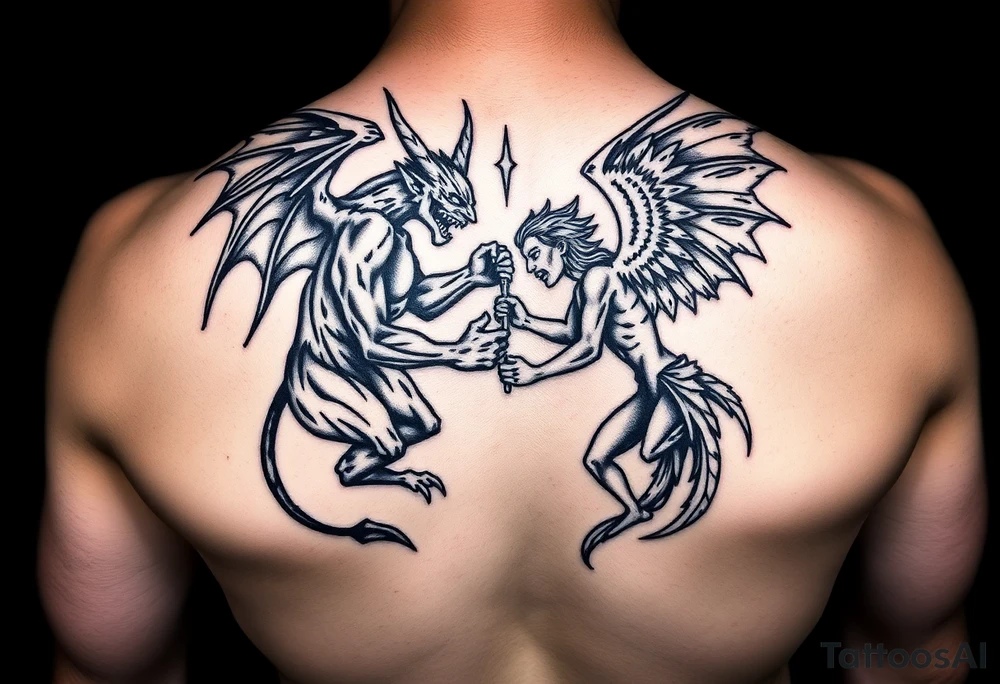 Demon vs angel fighting tattoo idea