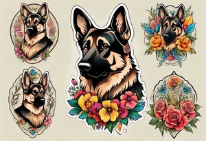 Sable haired German shepherd portrait brightly colored with flowers tattoo idea