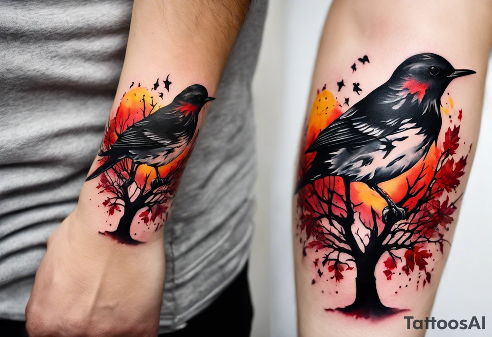 trash polka style. Arm tattoo. Long tattoo. Full sleeve. Shoulder. A single large maple tree with red autumn leaves that branches upwards from wrist to shoulder. White-throated dipper bird on the trees branches. Calluna flowers at the base of the trees stem. Tree stem has dark colors. Red/yellow sunset behind the trees stem. Leaves falling. tattoo idea