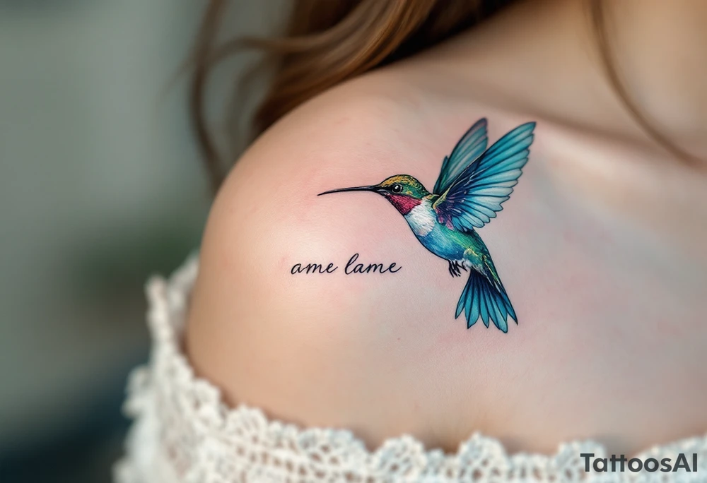 A delicate hummingbird in teal hovering near a child’s name in cursive reflects a mother’s ceaseless care and presence. tattoo idea