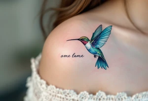 A delicate hummingbird in teal hovering near a child’s name in cursive reflects a mother’s ceaseless care and presence. tattoo idea