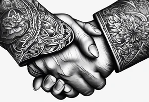 Two hands shaking with a knife going through them tattoo idea
