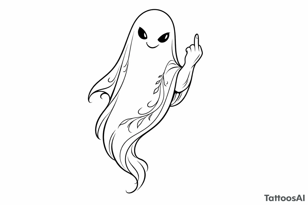 Minimalist line art ghost, cheekily raising middle finger, slender form. tattoo idea