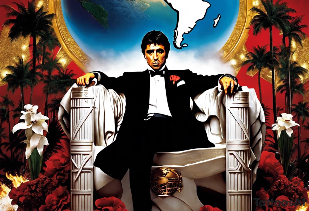 Tony Montana sitting on his throne with his infamous "The World is Yours” globe in hand, surrounded by elements that represent key scenes or motifs from the movie? For example, you could include symbols like piles of cocaine, palm trees, guns, and perhaps even the iconic "Say hello to my little friend" scene in the background. This would create a dynamic and visually captivating tattoo that pays homage to Scarface in a unique and personalized way. tattoo idea