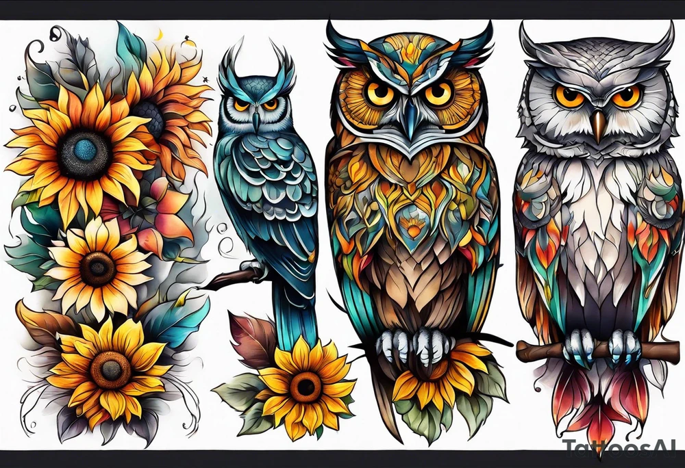 Leg sleeve with colorful sunflowers and an owl tattoo idea
