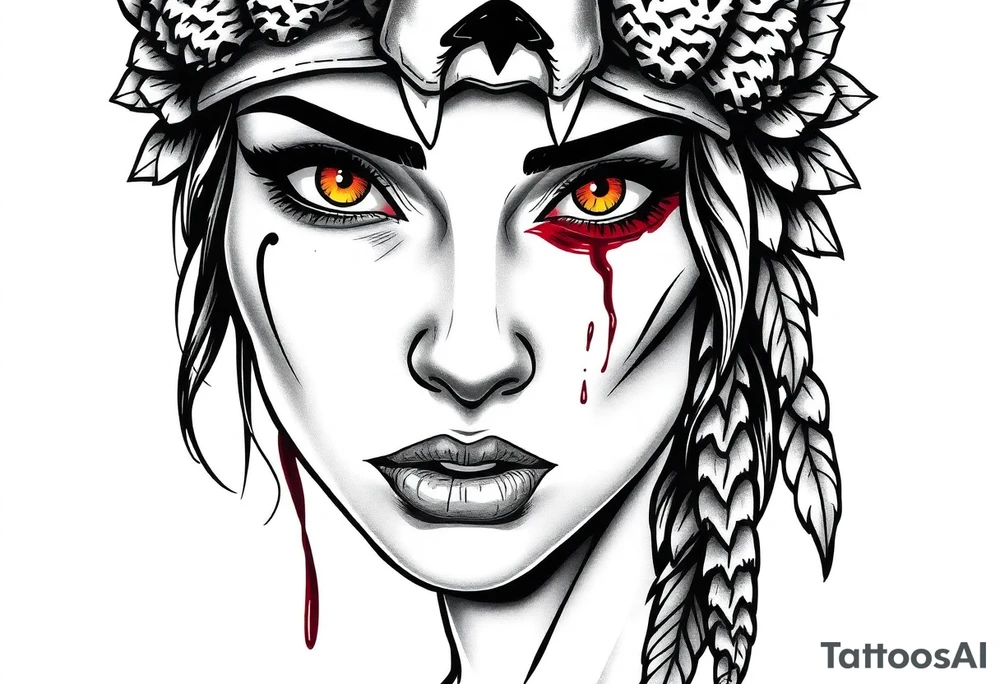 Beautiful Womans with colored eyes, shedding a tear, with battle scars and blood on face, wearing a mean looking bear headdress on head tattoo idea