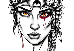 Beautiful Womans with colored eyes, shedding a tear, with battle scars and blood on face, wearing a mean looking bear headdress on head tattoo idea