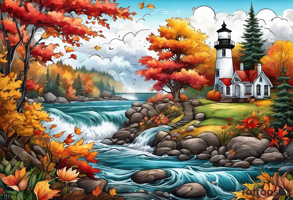 Arm sleeve with fall colors, various flowers, water flow shapes, water splash, light house tattoo idea