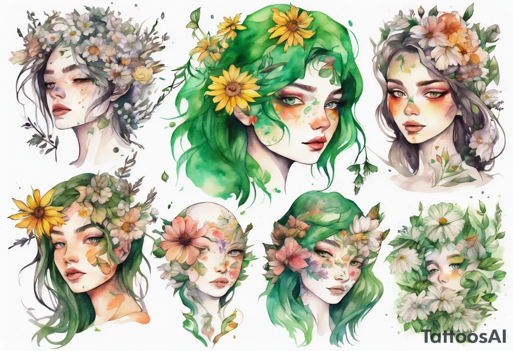 a beautiful face covered in flowers with green eyes tattoo idea