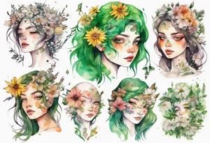 a beautiful face covered in flowers with green eyes tattoo idea
