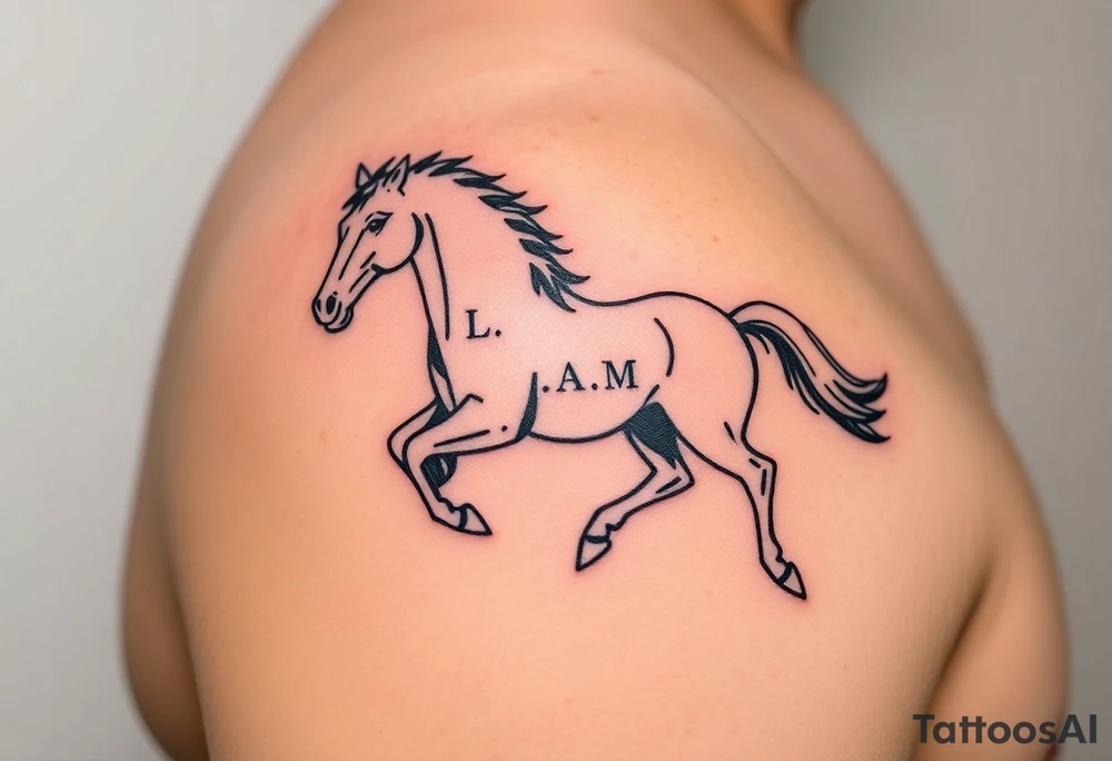 horse silhouette 
from the front which gallops from the front, with the 3 small letters discreetly integrated: L, A, M tattoo idea