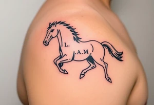 horse silhouette 
from the front which gallops from the front, with the 3 small letters discreetly integrated: L, A, M tattoo idea