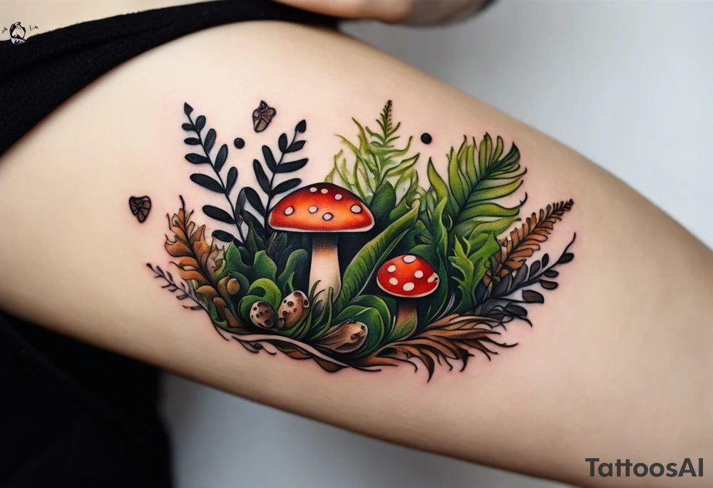 minimalistic forest floor inspired tattoo, which includes grass, moss, curly ferns and dead leaves as the bulk of the tattoo. details to include: forest berries, couple of very small brown mushrooms, a tiny bumblebee flying nearby tattoo idea