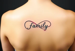 Colorful infinity symbol and the word "family" elegantly placed at the center in a soft script tattoo idea