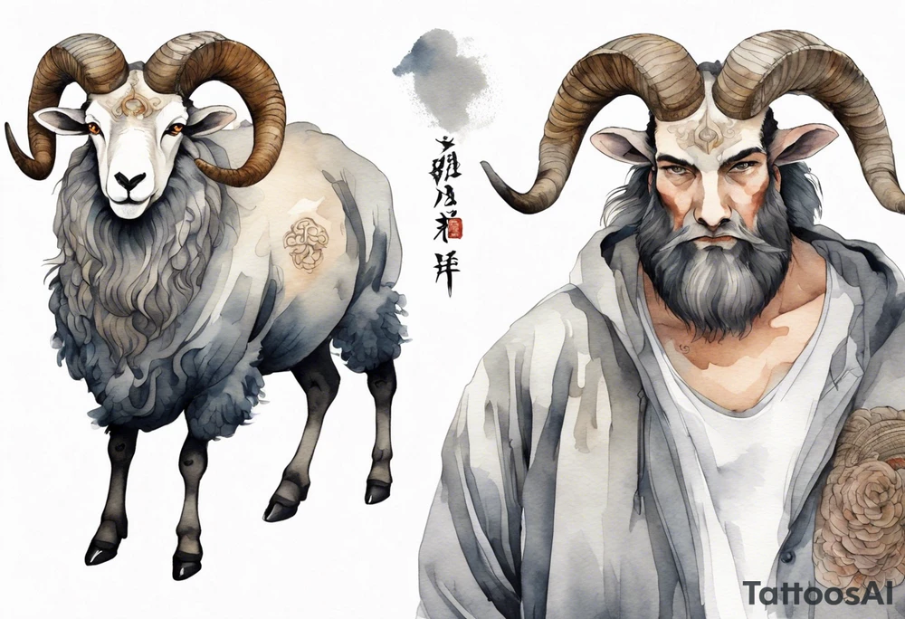 a large man wearing a grey tunic with the head of a big horned sheep tattoo idea