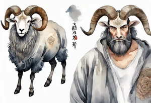 a large man wearing a grey tunic with the head of a big horned sheep tattoo idea