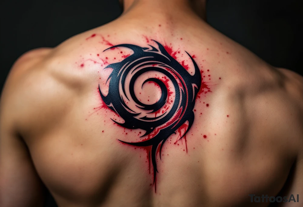 A tribal black spiral with bold, sharp edges, filled with hints of blood red. tattoo idea