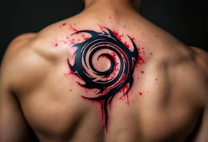 A tribal black spiral with bold, sharp edges, filled with hints of blood red. tattoo idea