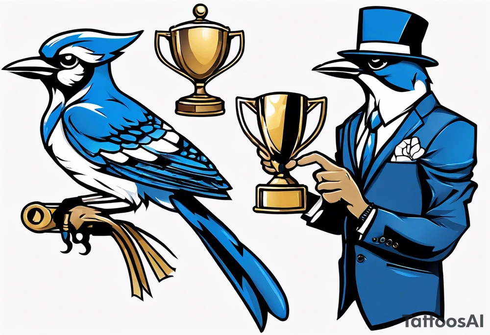 bluejay in a suit holding a trophy tattoo idea