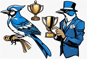 bluejay in a suit holding a trophy tattoo idea