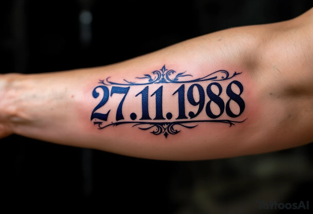 Classic 27.11.1988 carved in Roman numerals with deep navy blue shadows. tattoo idea