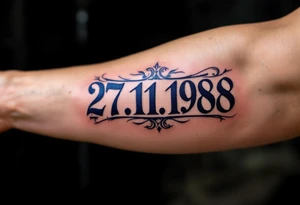 Classic 27.11.1988 carved in Roman numerals with deep navy blue shadows. tattoo idea