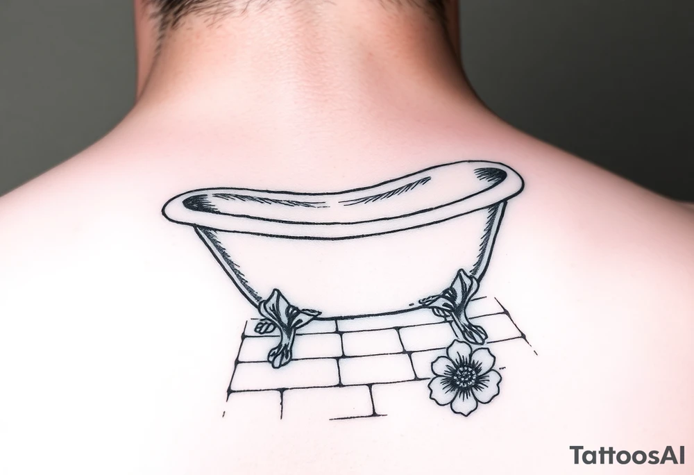 clawfoot bathtub with visible tile bathroom floor and a flower on the floor tattoo idea