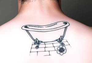 clawfoot bathtub with visible tile bathroom floor and a flower on the floor tattoo idea