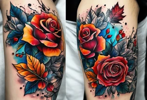Front knee tattoo with fall colors, small flowers, rose, leaves, blue water flows with washes and background using Trash Polka style tattoo idea