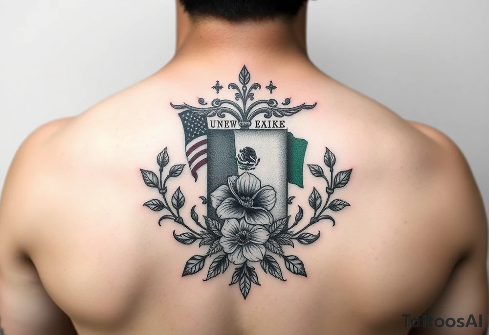 Small, feminine tattoo for placement on my clavical or lower back that reflects new life journey, delicate florals, ornaments and vines. Include U.S and Mexican flags and images of Mexican flowers. Design as if painted on a 3x3 Mexican tile with red, green and blue accents. tattoo idea