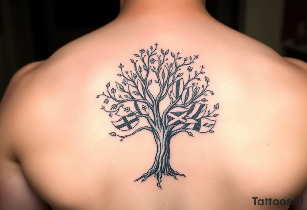 Tree with leaves that are country flags from Prussia,  Ireland, wales, scotland, England, and catawba tribe tattoo idea
