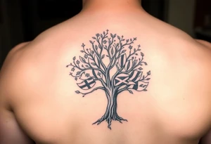 Tree with leaves that are country flags from Prussia,  Ireland, wales, scotland, England, and catawba tribe tattoo idea
