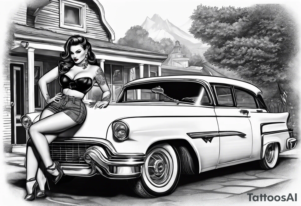 Pinup girl standing by a car tattoo idea