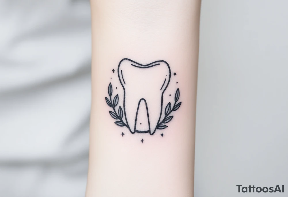 “A molar tooth outlined in fine black lines resting on a small crescent of olive leaves, soft dotted background stars for a celestial-nature fusion tattoo idea