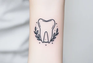 “A molar tooth outlined in fine black lines resting on a small crescent of olive leaves, soft dotted background stars for a celestial-nature fusion tattoo idea