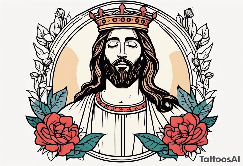 jesus with crown

old school vintage simple traditional design with vintage flowers surrounding
bold color simple tattoo idea