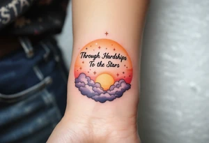 Inked in a burning gradient from red to orange, the quote "Through Hardships To the Stars" rises over storm clouds into twinkling silver stars. tattoo idea
