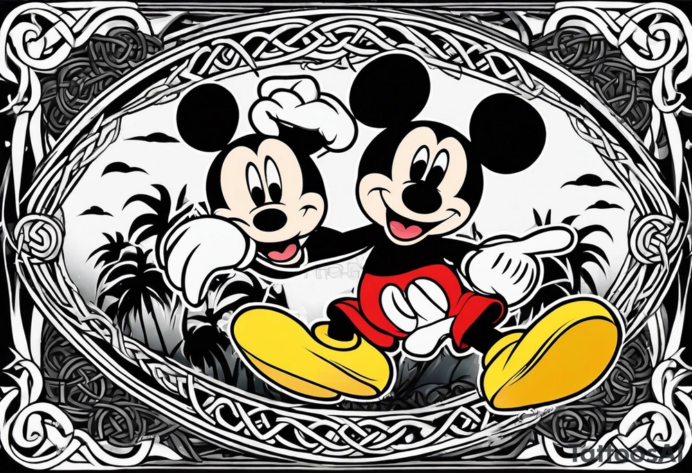 martial arts, palm trees, mickey mouse and the celtic symbol for family tattoo idea