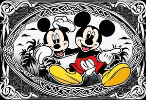 martial arts, palm trees, mickey mouse and the celtic symbol for family tattoo idea