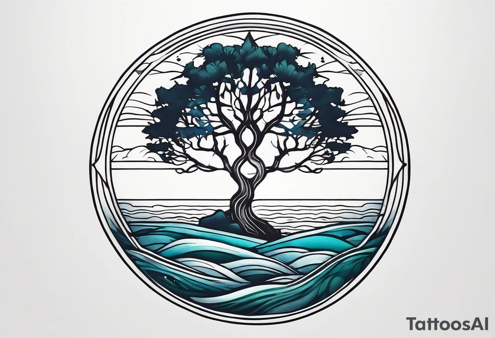 calm sea and tree of life background tattoo idea