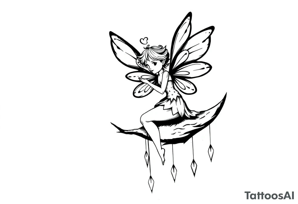 Solid black tattoo of a Fairy sitting on moon with dangles. tattoo idea