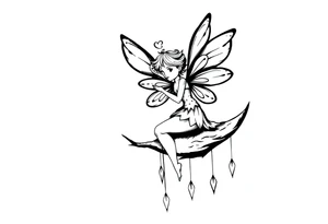 Solid black tattoo of a Fairy sitting on moon with dangles. tattoo idea