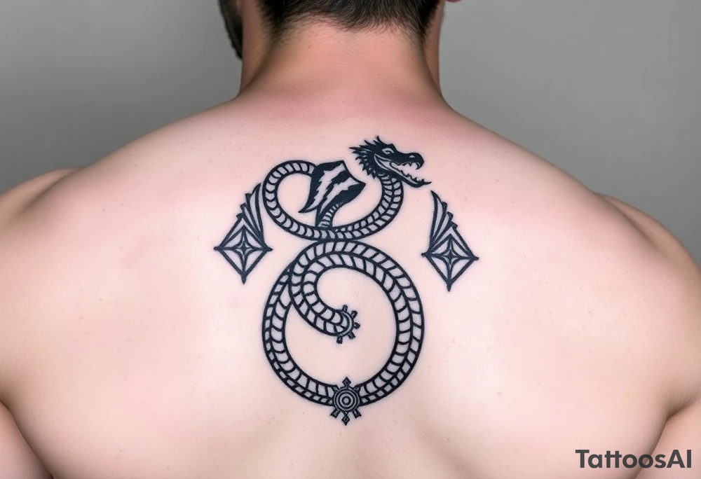 Ouroborous or dragon/serpent/snake eating its own tail in a figure 8 in negative space with geometric patterns on a leg tattoo design tattoo idea