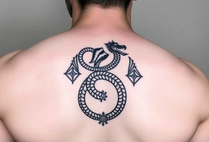 Ouroborous or dragon/serpent/snake eating its own tail in a figure 8 in negative space with geometric patterns on a leg tattoo design tattoo idea