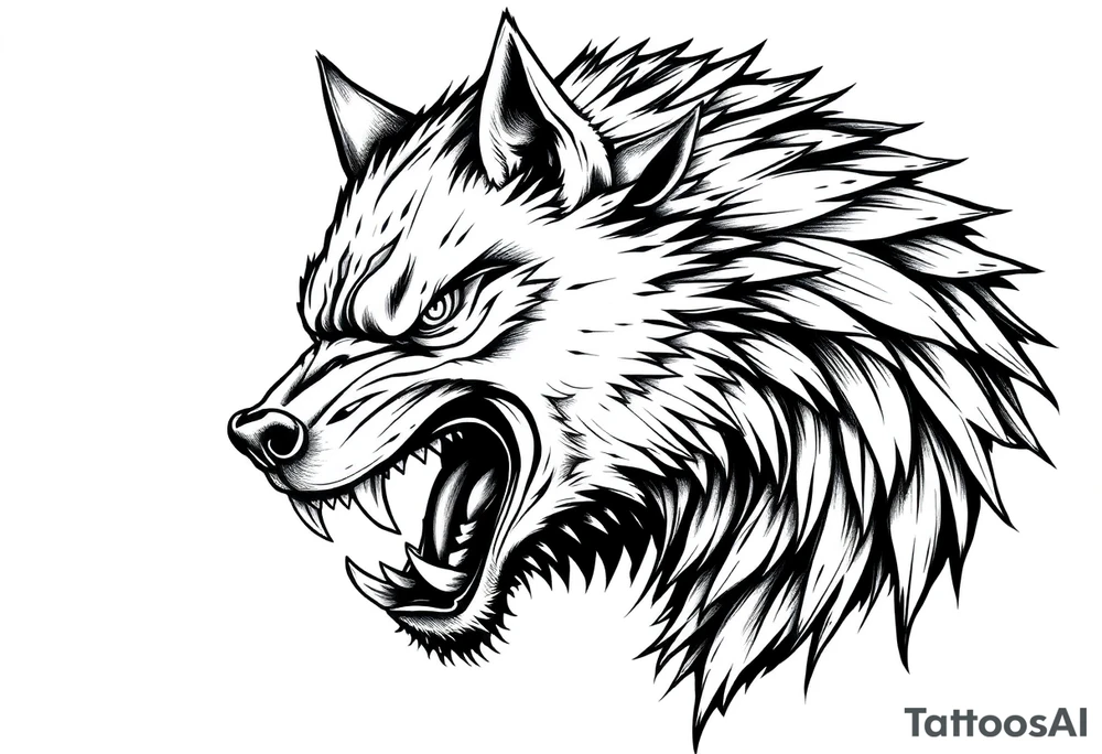 Fierce werewolf snarling, sharp teeth, moon cresting over shoulder. tattoo idea