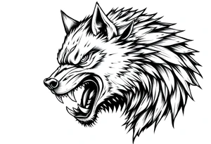 Fierce werewolf snarling, sharp teeth, moon cresting over shoulder. tattoo idea