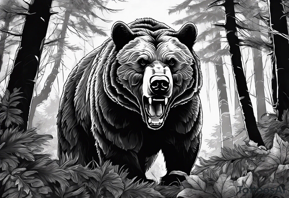 Bear growling. They are in a cloudy forest with fierce warriors. Number 14 is in the sternum tattoo idea